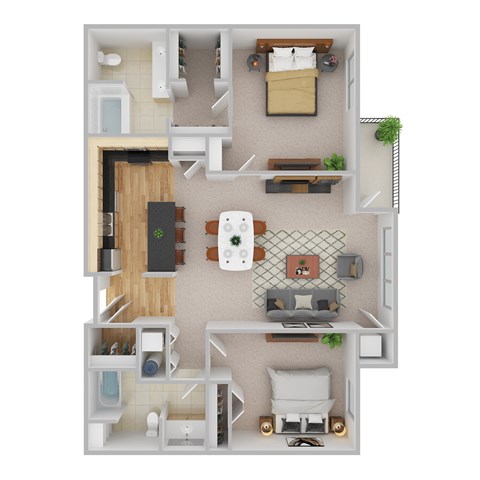 Floor plan for 2 beds, 2 baths, 1367 sqft